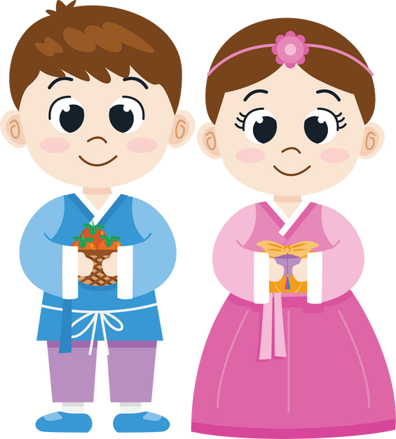 Cartoon Korean boy and girl in national costume